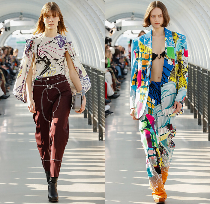 Stella McCartney 2022-2023 Fall Autumn Winter Womens Runway Looks - Paris Fashion Week Femme PFW - Frank Stella Gunmetal Fringes Colorblock Knit Vest Sweater Halterneck Noodle Strap Bralette Cutout Pleats Balloon Skirt Velvet Twist Tied Loungewear Cargo Pants Pockets Ruffles Capelet Art Abstract Dress Blazer Stripes V Series Onesie Jumpsuit Coveralls Midi Skirt Flocked Denim Jeans Pantsuit Coat Fur Shearling Oversized Frayme Bag Chain Cowboy Boots