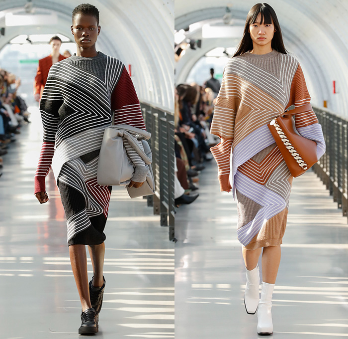 Stella McCartney 2022-2023 Fall Autumn Winter Womens Runway Looks - Paris Fashion Week Femme PFW - Frank Stella Gunmetal Fringes Colorblock Knit Vest Sweater Halterneck Noodle Strap Bralette Cutout Pleats Balloon Skirt Velvet Twist Tied Loungewear Cargo Pants Pockets Ruffles Capelet Art Abstract Dress Blazer Stripes V Series Onesie Jumpsuit Coveralls Midi Skirt Flocked Denim Jeans Pantsuit Coat Fur Shearling Oversized Frayme Bag Chain Cowboy Boots