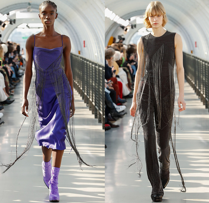 Stella McCartney 2022-2023 Fall Autumn Winter Womens Runway Looks - Paris Fashion Week Femme PFW - Frank Stella Gunmetal Fringes Colorblock Knit Vest Sweater Halterneck Noodle Strap Bralette Cutout Pleats Balloon Skirt Velvet Twist Tied Loungewear Cargo Pants Pockets Ruffles Capelet Art Abstract Dress Blazer Stripes V Series Onesie Jumpsuit Coveralls Midi Skirt Flocked Denim Jeans Pantsuit Coat Fur Shearling Oversized Frayme Bag Chain Cowboy Boots