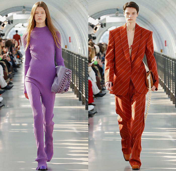 Stella McCartney 2022-2023 Fall Autumn Winter Womens Runway Looks - Paris Fashion Week Femme PFW - Frank Stella Gunmetal Fringes Colorblock Knit Vest Sweater Halterneck Noodle Strap Bralette Cutout Pleats Balloon Skirt Velvet Twist Tied Loungewear Cargo Pants Pockets Ruffles Capelet Art Abstract Dress Blazer Stripes V Series Onesie Jumpsuit Coveralls Midi Skirt Flocked Denim Jeans Pantsuit Coat Fur Shearling Oversized Frayme Bag Chain Cowboy Boots