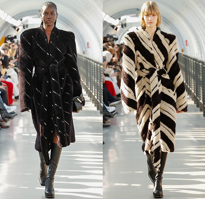 Stella McCartney 2022-2023 Fall Autumn Winter Womens Runway Looks - Paris Fashion Week Femme PFW - Frank Stella Gunmetal Fringes Colorblock Knit Vest Sweater Halterneck Noodle Strap Bralette Cutout Pleats Balloon Skirt Velvet Twist Tied Loungewear Cargo Pants Pockets Ruffles Capelet Art Abstract Dress Blazer Stripes V Series Onesie Jumpsuit Coveralls Midi Skirt Flocked Denim Jeans Pantsuit Coat Fur Shearling Oversized Frayme Bag Chain Cowboy Boots