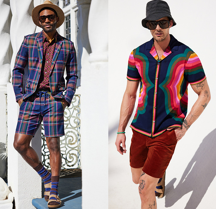 Mr Turk by Trina Turk 2022-2023 Fall Autumn Winter Mens Lookbook Presentation - Los Angeles California - Jaipur India - Straw Bucket Hat Flat Cap Suit Blazer Bomber Jacket Plaid Check Rainbow Multicolored Bowling Shirt Corduroy Knit Sweater Stripes Jacquard Brocade Decorative Art Ornaments Flowers Floral Gradient Ombré Shorts Tapered Pants Sandals Cap Toe Brogues