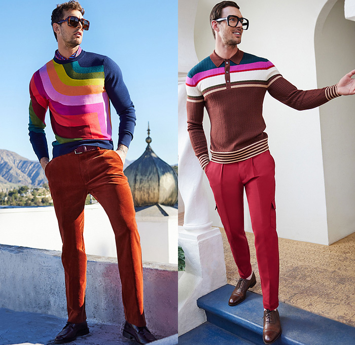 Mr Turk by Trina Turk 2022-2023 Fall Autumn Winter Mens Lookbook Presentation - Los Angeles California - Jaipur India - Straw Bucket Hat Flat Cap Suit Blazer Bomber Jacket Plaid Check Rainbow Multicolored Bowling Shirt Corduroy Knit Sweater Stripes Jacquard Brocade Decorative Art Ornaments Flowers Floral Gradient Ombré Shorts Tapered Pants Sandals Cap Toe Brogues