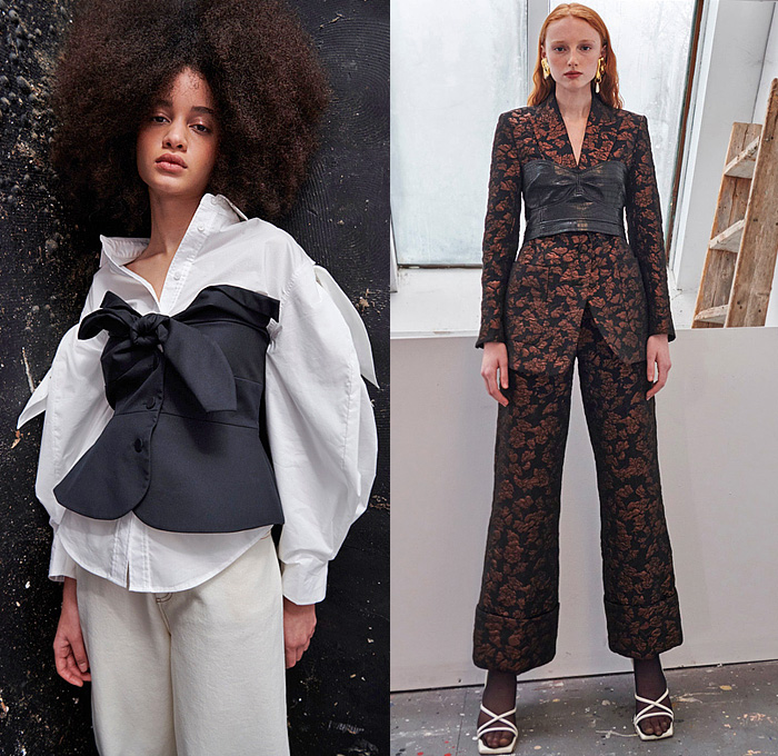 Tanya Taylor 2022-2023 Fall Autumn Winter Womens Lookbook Presentation - New York Fashion Week NYFW American Collections Calendar - Art Girl Strapless Ruffles Blouse Peplum Poufy Shoulders Puff Sleeves Tied Knot Bustier Pantsuit Jacquard Brocade Leaves Flowers Floral Trench Coat Patchwork Check Geometric Turtleneck Knit Poncho Sweater Miniskirt Leopard Rope Cord Fringes Babydoll Prairie Dress One Shoulder Gown High Slit Pleats Cinch Feathers Wide Leg Denim Jeans Thigh High Boots