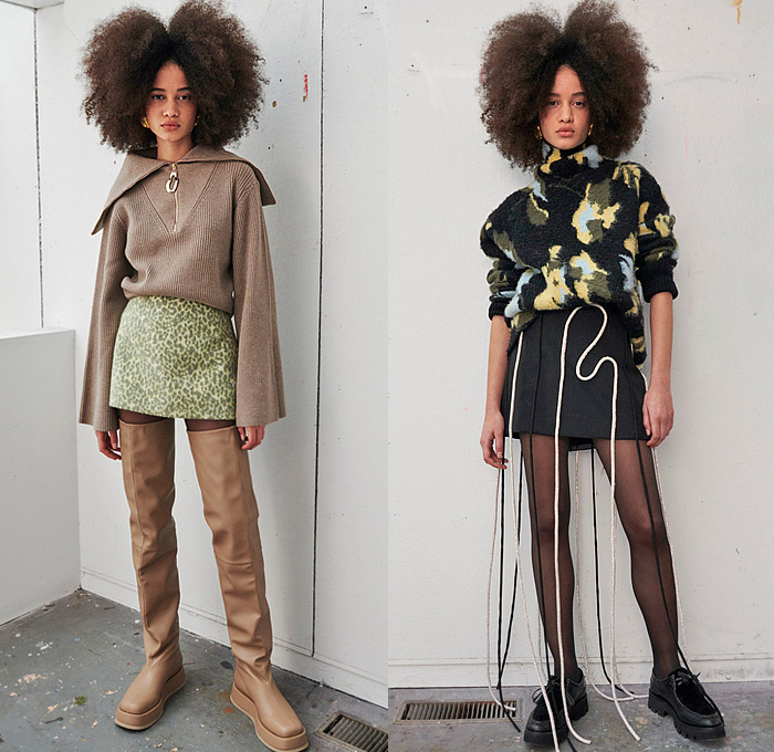 Tanya Taylor 2022-2023 Fall Autumn Winter Womens Lookbook Presentation - New York Fashion Week NYFW American Collections Calendar - Art Girl Strapless Ruffles Blouse Peplum Poufy Shoulders Puff Sleeves Tied Knot Bustier Pantsuit Jacquard Brocade Leaves Flowers Floral Trench Coat Patchwork Check Geometric Turtleneck Knit Poncho Sweater Miniskirt Leopard Rope Cord Fringes Babydoll Prairie Dress One Shoulder Gown High Slit Pleats Cinch Feathers Wide Leg Denim Jeans Thigh High Boots