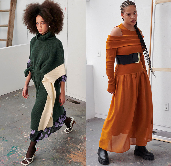 Tanya Taylor 2022-2023 Fall Autumn Winter Womens Lookbook Presentation - New York Fashion Week NYFW American Collections Calendar - Art Girl Strapless Ruffles Blouse Peplum Poufy Shoulders Puff Sleeves Tied Knot Bustier Pantsuit Jacquard Brocade Leaves Flowers Floral Trench Coat Patchwork Check Geometric Turtleneck Knit Poncho Sweater Miniskirt Leopard Rope Cord Fringes Babydoll Prairie Dress One Shoulder Gown High Slit Pleats Cinch Feathers Wide Leg Denim Jeans Thigh High Boots