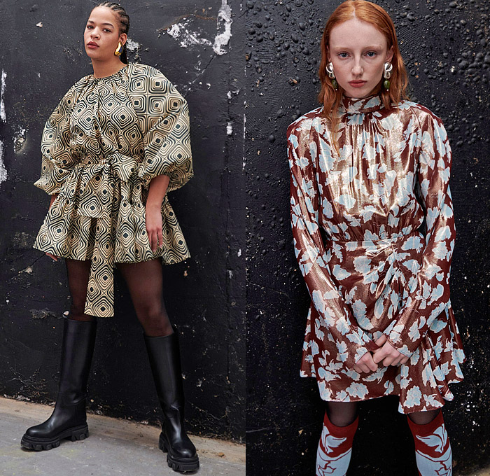 Tanya Taylor 2022-2023 Fall Autumn Winter Womens Lookbook Presentation - New York Fashion Week NYFW American Collections Calendar - Art Girl Strapless Ruffles Blouse Peplum Poufy Shoulders Puff Sleeves Tied Knot Bustier Pantsuit Jacquard Brocade Leaves Flowers Floral Trench Coat Patchwork Check Geometric Turtleneck Knit Poncho Sweater Miniskirt Leopard Rope Cord Fringes Babydoll Prairie Dress One Shoulder Gown High Slit Pleats Cinch Feathers Wide Leg Denim Jeans Thigh High Boots