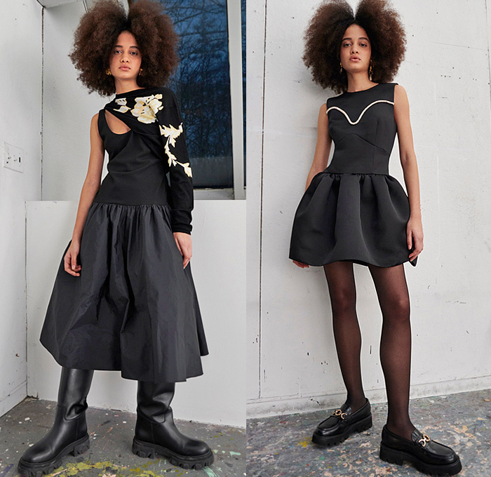 Tanya Taylor 2022-2023 Fall Autumn Winter Womens Lookbook Presentation - New York Fashion Week NYFW American Collections Calendar - Art Girl Strapless Ruffles Blouse Peplum Poufy Shoulders Puff Sleeves Tied Knot Bustier Pantsuit Jacquard Brocade Leaves Flowers Floral Trench Coat Patchwork Check Geometric Turtleneck Knit Poncho Sweater Miniskirt Leopard Rope Cord Fringes Babydoll Prairie Dress One Shoulder Gown High Slit Pleats Cinch Feathers Wide Leg Denim Jeans Thigh High Boots