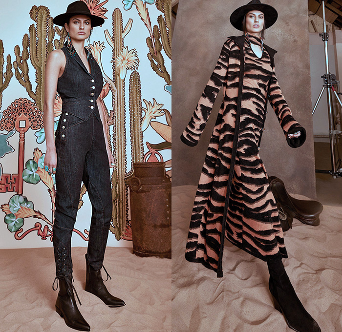 Temperley London 2022-2023 Fall Autumn Winter Womens Lookbook - London Fashion Week Collections UK - Wild West Cowgirl Vest Coat Robe Tiger Stripes Blazer Pantsuit Velvet Plaid Check Ruffles Metal Studs Tiered Leather Embroidery Geometric Tribal Zigzag Knit Sweaterdress Fringes Scissors Keys Plants Cacti Desert Flowers Floral Sheer Tulle Hearts Mesh Lace Prairie Dress Sequins Poufy Shoulders Blouse Wide Sleeves Silk Satin Gown Capelet Denim Jeans Wide Leg Palazzo Pants Boots