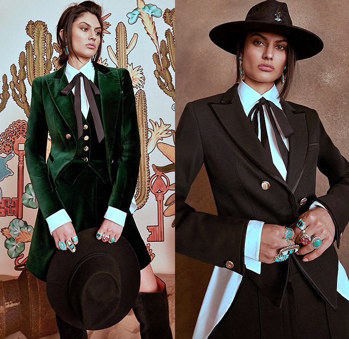 Temperley London 2022-2023 Fall Autumn Winter Womens Lookbook - London Fashion Week Collections UK - Wild West Cowgirl Vest Coat Robe Tiger Stripes Blazer Pantsuit Velvet Plaid Check Ruffles Metal Studs Tiered Leather Embroidery Geometric Tribal Zigzag Knit Sweaterdress Fringes Scissors Keys Plants Cacti Desert Flowers Floral Sheer Tulle Hearts Mesh Lace Prairie Dress Sequins Poufy Shoulders Blouse Wide Sleeves Silk Satin Gown Capelet Denim Jeans Wide Leg Palazzo Pants Boots