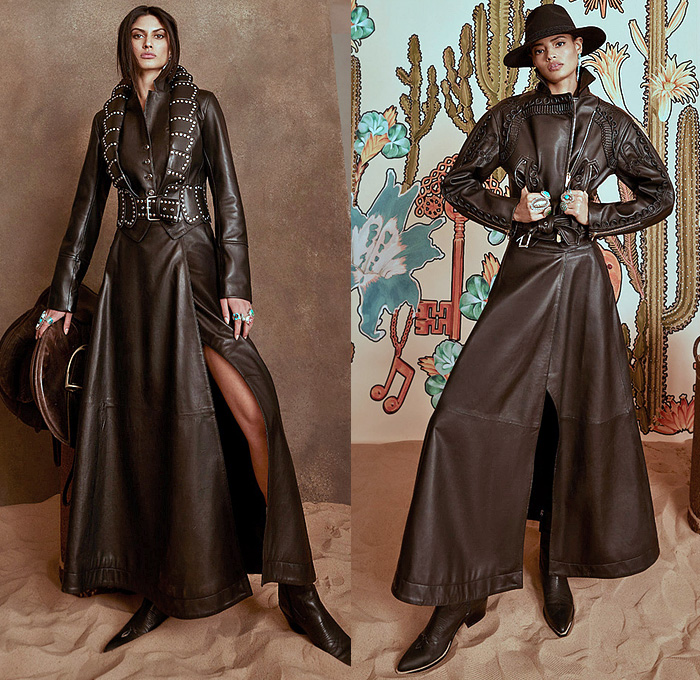 Temperley London 2022-2023 Fall Autumn Winter Womens Lookbook - London Fashion Week Collections UK - Wild West Cowgirl Vest Coat Robe Tiger Stripes Blazer Pantsuit Velvet Plaid Check Ruffles Metal Studs Tiered Leather Embroidery Geometric Tribal Zigzag Knit Sweaterdress Fringes Scissors Keys Plants Cacti Desert Flowers Floral Sheer Tulle Hearts Mesh Lace Prairie Dress Sequins Poufy Shoulders Blouse Wide Sleeves Silk Satin Gown Capelet Denim Jeans Wide Leg Palazzo Pants Boots