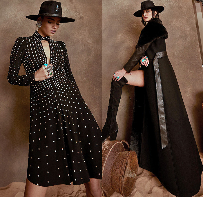 Temperley London 2022-2023 Fall Autumn Winter Womens Lookbook - London Fashion Week Collections UK - Wild West Cowgirl Vest Coat Robe Tiger Stripes Blazer Pantsuit Velvet Plaid Check Ruffles Metal Studs Tiered Leather Embroidery Geometric Tribal Zigzag Knit Sweaterdress Fringes Scissors Keys Plants Cacti Desert Flowers Floral Sheer Tulle Hearts Mesh Lace Prairie Dress Sequins Poufy Shoulders Blouse Wide Sleeves Silk Satin Gown Capelet Denim Jeans Wide Leg Palazzo Pants Boots