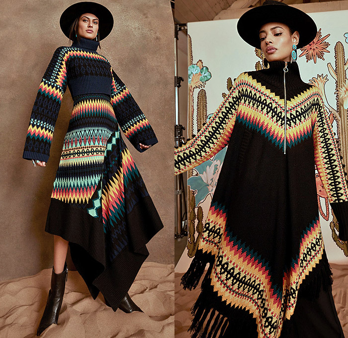 Temperley London 2022-2023 Fall Autumn Winter Womens Lookbook - London Fashion Week Collections UK - Wild West Cowgirl Vest Coat Robe Tiger Stripes Blazer Pantsuit Velvet Plaid Check Ruffles Metal Studs Tiered Leather Embroidery Geometric Tribal Zigzag Knit Sweaterdress Fringes Scissors Keys Plants Cacti Desert Flowers Floral Sheer Tulle Hearts Mesh Lace Prairie Dress Sequins Poufy Shoulders Blouse Wide Sleeves Silk Satin Gown Capelet Denim Jeans Wide Leg Palazzo Pants Boots