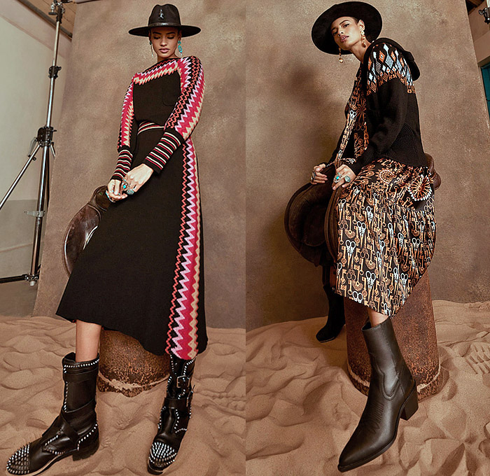 Temperley London 2022-2023 Fall Autumn Winter Womens Lookbook - London Fashion Week Collections UK - Wild West Cowgirl Vest Coat Robe Tiger Stripes Blazer Pantsuit Velvet Plaid Check Ruffles Metal Studs Tiered Leather Embroidery Geometric Tribal Zigzag Knit Sweaterdress Fringes Scissors Keys Plants Cacti Desert Flowers Floral Sheer Tulle Hearts Mesh Lace Prairie Dress Sequins Poufy Shoulders Blouse Wide Sleeves Silk Satin Gown Capelet Denim Jeans Wide Leg Palazzo Pants Boots