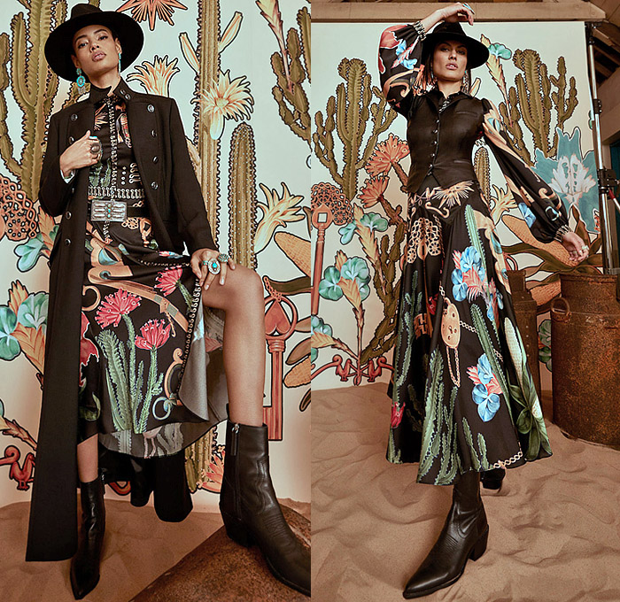 Temperley London 2022-2023 Fall Autumn Winter Womens Lookbook - London Fashion Week Collections UK - Wild West Cowgirl Vest Coat Robe Tiger Stripes Blazer Pantsuit Velvet Plaid Check Ruffles Metal Studs Tiered Leather Embroidery Geometric Tribal Zigzag Knit Sweaterdress Fringes Scissors Keys Plants Cacti Desert Flowers Floral Sheer Tulle Hearts Mesh Lace Prairie Dress Sequins Poufy Shoulders Blouse Wide Sleeves Silk Satin Gown Capelet Denim Jeans Wide Leg Palazzo Pants Boots