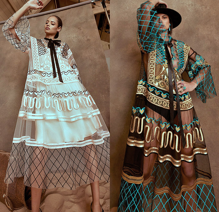 Temperley London 2022-2023 Fall Autumn Winter Womens Lookbook - London Fashion Week Collections UK - Wild West Cowgirl Vest Coat Robe Tiger Stripes Blazer Pantsuit Velvet Plaid Check Ruffles Metal Studs Tiered Leather Embroidery Geometric Tribal Zigzag Knit Sweaterdress Fringes Scissors Keys Plants Cacti Desert Flowers Floral Sheer Tulle Hearts Mesh Lace Prairie Dress Sequins Poufy Shoulders Blouse Wide Sleeves Silk Satin Gown Capelet Denim Jeans Wide Leg Palazzo Pants Boots