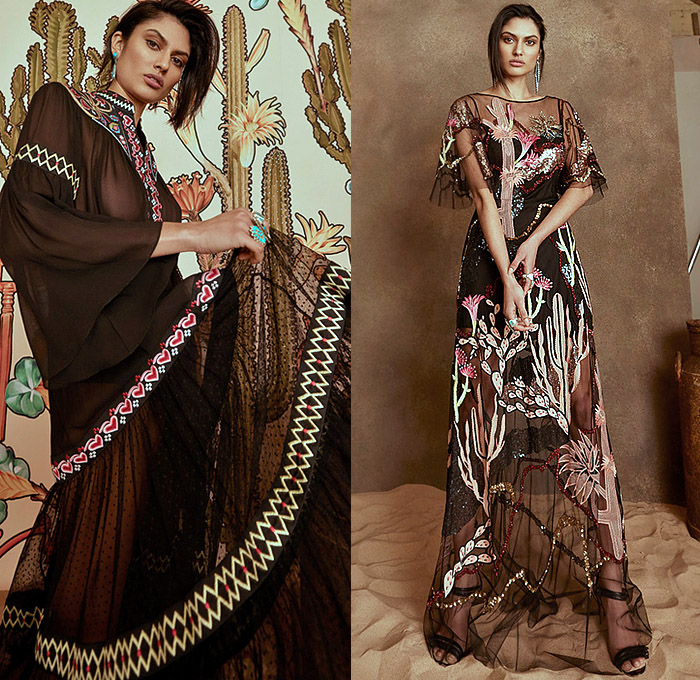 Temperley London 2022-2023 Fall Autumn Winter Womens Lookbook - London Fashion Week Collections UK - Wild West Cowgirl Vest Coat Robe Tiger Stripes Blazer Pantsuit Velvet Plaid Check Ruffles Metal Studs Tiered Leather Embroidery Geometric Tribal Zigzag Knit Sweaterdress Fringes Scissors Keys Plants Cacti Desert Flowers Floral Sheer Tulle Hearts Mesh Lace Prairie Dress Sequins Poufy Shoulders Blouse Wide Sleeves Silk Satin Gown Capelet Denim Jeans Wide Leg Palazzo Pants Boots