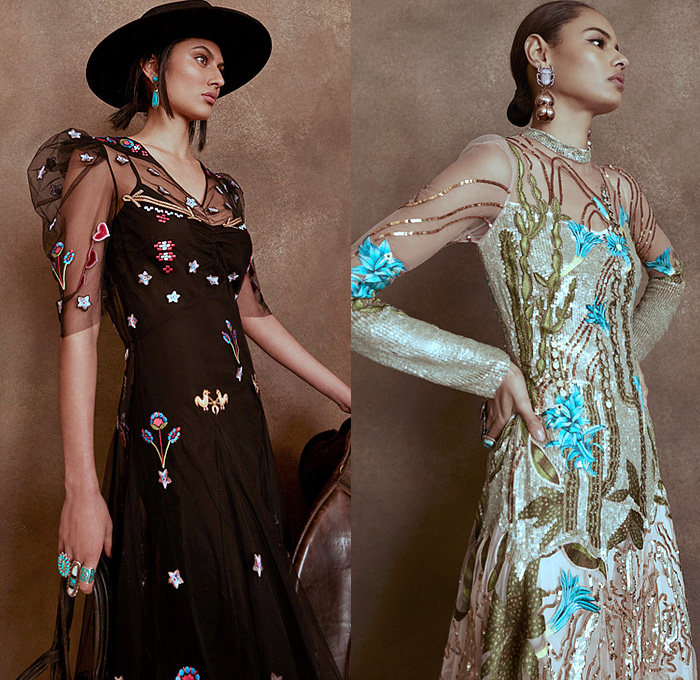 Temperley London 2022-2023 Fall Autumn Winter Womens Lookbook - London Fashion Week Collections UK - Wild West Cowgirl Vest Coat Robe Tiger Stripes Blazer Pantsuit Velvet Plaid Check Ruffles Metal Studs Tiered Leather Embroidery Geometric Tribal Zigzag Knit Sweaterdress Fringes Scissors Keys Plants Cacti Desert Flowers Floral Sheer Tulle Hearts Mesh Lace Prairie Dress Sequins Poufy Shoulders Blouse Wide Sleeves Silk Satin Gown Capelet Denim Jeans Wide Leg Palazzo Pants Boots