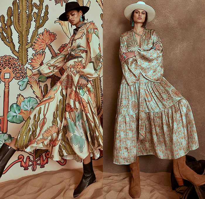 Temperley London 2022-2023 Fall Autumn Winter Womens Lookbook - London Fashion Week Collections UK - Wild West Cowgirl Vest Coat Robe Tiger Stripes Blazer Pantsuit Velvet Plaid Check Ruffles Metal Studs Tiered Leather Embroidery Geometric Tribal Zigzag Knit Sweaterdress Fringes Scissors Keys Plants Cacti Desert Flowers Floral Sheer Tulle Hearts Mesh Lace Prairie Dress Sequins Poufy Shoulders Blouse Wide Sleeves Silk Satin Gown Capelet Denim Jeans Wide Leg Palazzo Pants Boots