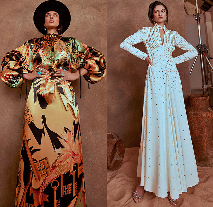 Temperley London 2022-2023 Fall Autumn Winter Womens Lookbook - London Fashion Week Collections UK - Wild West Cowgirl Vest Coat Robe Tiger Stripes Blazer Pantsuit Velvet Plaid Check Ruffles Metal Studs Tiered Leather Embroidery Geometric Tribal Zigzag Knit Sweaterdress Fringes Scissors Keys Plants Cacti Desert Flowers Floral Sheer Tulle Hearts Mesh Lace Prairie Dress Sequins Poufy Shoulders Blouse Wide Sleeves Silk Satin Gown Capelet Denim Jeans Wide Leg Palazzo Pants Boots