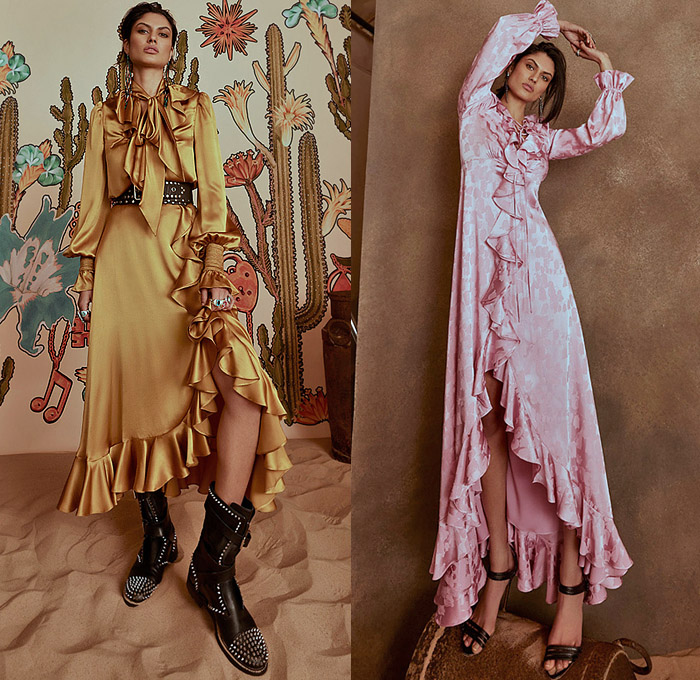 Temperley London 2022-2023 Fall Autumn Winter Womens Lookbook - London Fashion Week Collections UK - Wild West Cowgirl Vest Coat Robe Tiger Stripes Blazer Pantsuit Velvet Plaid Check Ruffles Metal Studs Tiered Leather Embroidery Geometric Tribal Zigzag Knit Sweaterdress Fringes Scissors Keys Plants Cacti Desert Flowers Floral Sheer Tulle Hearts Mesh Lace Prairie Dress Sequins Poufy Shoulders Blouse Wide Sleeves Silk Satin Gown Capelet Denim Jeans Wide Leg Palazzo Pants Boots