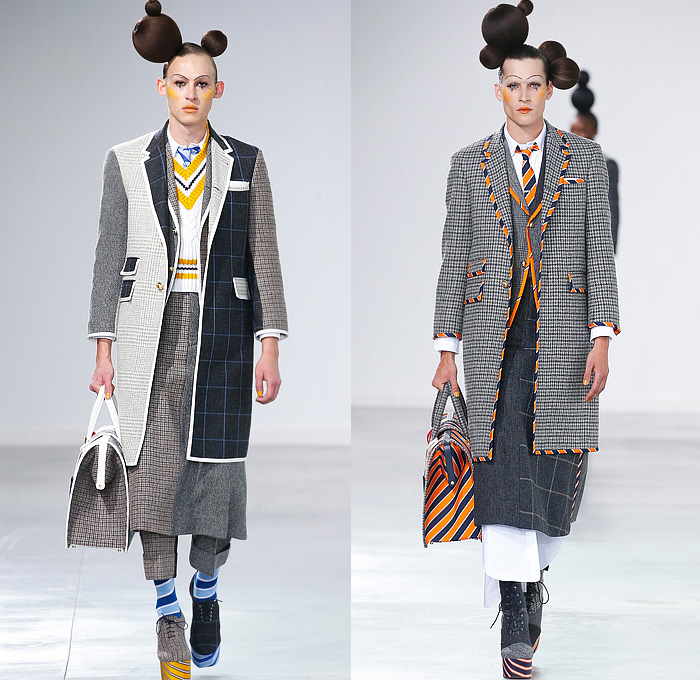 Thom Browne 2022-2023 Fall Autumn Winter Mens Runway Looks - Island of Misfit Toys - Sculpture Deconstructed Grey Wool Suit Blazer Oversized Coat Parka Quilted Puffer Check Windowpane Houndstooth Accordion Pleats Stripes Puff Ball Hair Neck Tie Knit Crochet Tweed Lobster Patchwork Bow Ribbon Elongated Rags Lumps Fringes Wrap Draped Bear Cape Cloak Shorts Manskirt Crinoline Cage Doctor's Bag Dachshund Hector Dog Toy Blocks Lace Up Thigh High Boots Knit Cap Balaclava Tall Hat