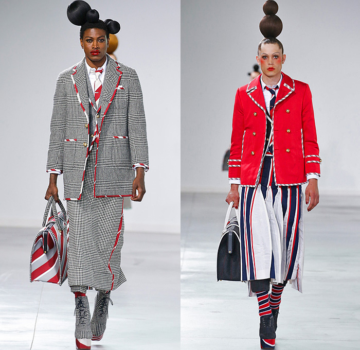 Thom Browne 2022-2023 Fall Autumn Winter Mens Runway Looks - Island of Misfit Toys - Sculpture Deconstructed Grey Wool Suit Blazer Oversized Coat Parka Quilted Puffer Check Windowpane Houndstooth Accordion Pleats Stripes Puff Ball Hair Neck Tie Knit Crochet Tweed Lobster Patchwork Bow Ribbon Elongated Rags Lumps Fringes Wrap Draped Bear Cape Cloak Shorts Manskirt Crinoline Cage Doctor's Bag Dachshund Hector Dog Toy Blocks Lace Up Thigh High Boots Knit Cap Balaclava Tall Hat