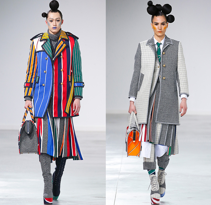Thom Browne 2022-2023 Fall Autumn Winter Mens Runway Looks - Island of Misfit Toys - Sculpture Deconstructed Grey Wool Suit Blazer Oversized Coat Parka Quilted Puffer Check Windowpane Houndstooth Accordion Pleats Stripes Puff Ball Hair Neck Tie Knit Crochet Tweed Lobster Patchwork Bow Ribbon Elongated Rags Lumps Fringes Wrap Draped Bear Cape Cloak Shorts Manskirt Crinoline Cage Doctor's Bag Dachshund Hector Dog Toy Blocks Lace Up Thigh High Boots Knit Cap Balaclava Tall Hat