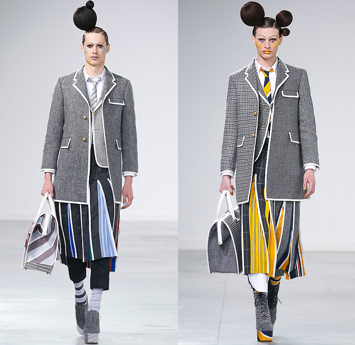 Thom Browne 2022-2023 Fall Autumn Winter Mens Runway Looks - Island of Misfit Toys - Sculpture Deconstructed Grey Wool Suit Blazer Oversized Coat Parka Quilted Puffer Check Windowpane Houndstooth Accordion Pleats Stripes Puff Ball Hair Neck Tie Knit Crochet Tweed Lobster Patchwork Bow Ribbon Elongated Rags Lumps Fringes Wrap Draped Bear Cape Cloak Shorts Manskirt Crinoline Cage Doctor's Bag Dachshund Hector Dog Toy Blocks Lace Up Thigh High Boots Knit Cap Balaclava Tall Hat