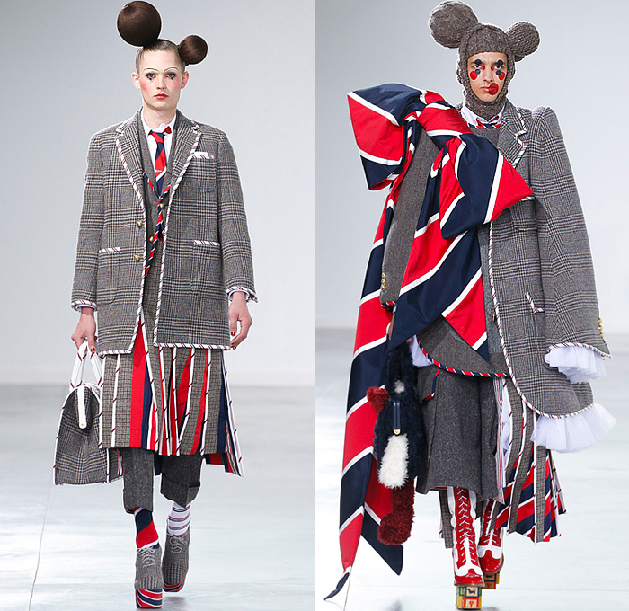 Thom Browne 2022-2023 Fall Autumn Winter Mens Runway Looks - Island of Misfit Toys - Sculpture Deconstructed Grey Wool Suit Blazer Oversized Coat Parka Quilted Puffer Check Windowpane Houndstooth Accordion Pleats Stripes Puff Ball Hair Neck Tie Knit Crochet Tweed Lobster Patchwork Bow Ribbon Elongated Rags Lumps Fringes Wrap Draped Bear Cape Cloak Shorts Manskirt Crinoline Cage Doctor's Bag Dachshund Hector Dog Toy Blocks Lace Up Thigh High Boots Knit Cap Balaclava Tall Hat