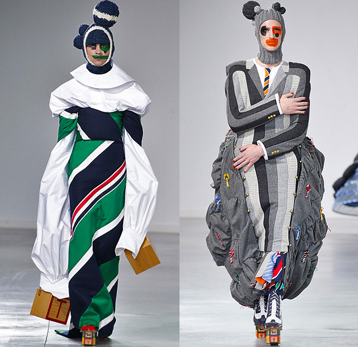 Thom Browne 2022-2023 Fall Autumn Winter Mens Runway Looks - Island of Misfit Toys - Sculpture Deconstructed Grey Wool Suit Blazer Oversized Coat Parka Quilted Puffer Check Windowpane Houndstooth Accordion Pleats Stripes Puff Ball Hair Neck Tie Knit Crochet Tweed Lobster Patchwork Bow Ribbon Elongated Rags Lumps Fringes Wrap Draped Bear Cape Cloak Shorts Manskirt Crinoline Cage Doctor's Bag Dachshund Hector Dog Toy Blocks Lace Up Thigh High Boots Knit Cap Balaclava Tall Hat