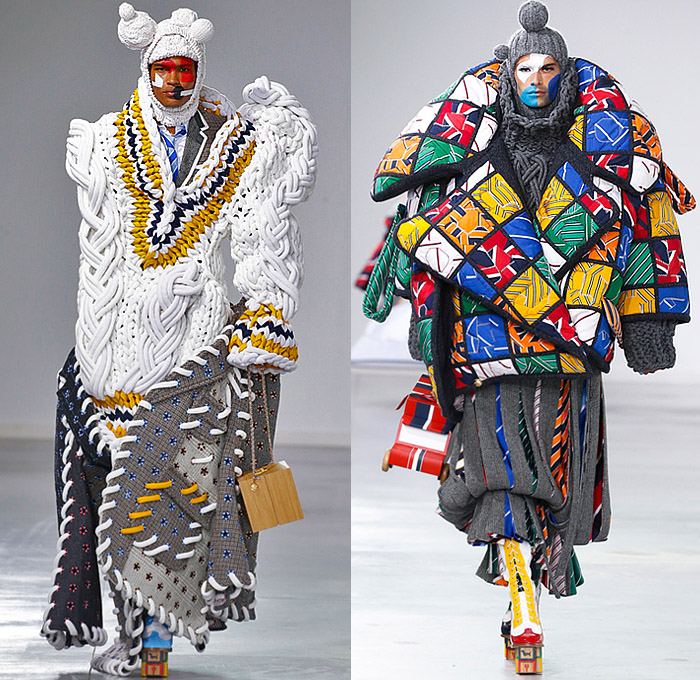 Thom Browne 2022-2023 Fall Autumn Winter Mens Runway Looks - Island of Misfit Toys - Sculpture Deconstructed Grey Wool Suit Blazer Oversized Coat Parka Quilted Puffer Check Windowpane Houndstooth Accordion Pleats Stripes Puff Ball Hair Neck Tie Knit Crochet Tweed Lobster Patchwork Bow Ribbon Elongated Rags Lumps Fringes Wrap Draped Bear Cape Cloak Shorts Manskirt Crinoline Cage Doctor's Bag Dachshund Hector Dog Toy Blocks Lace Up Thigh High Boots Knit Cap Balaclava Tall Hat