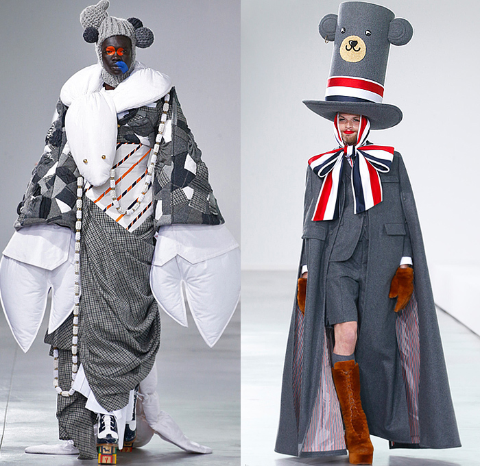 Thom Browne 2022-2023 Fall Autumn Winter Mens Runway Looks - Island of Misfit Toys - Sculpture Deconstructed Grey Wool Suit Blazer Oversized Coat Parka Quilted Puffer Check Windowpane Houndstooth Accordion Pleats Stripes Puff Ball Hair Neck Tie Knit Crochet Tweed Lobster Patchwork Bow Ribbon Elongated Rags Lumps Fringes Wrap Draped Bear Cape Cloak Shorts Manskirt Crinoline Cage Doctor's Bag Dachshund Hector Dog Toy Blocks Lace Up Thigh High Boots Knit Cap Balaclava Tall Hat