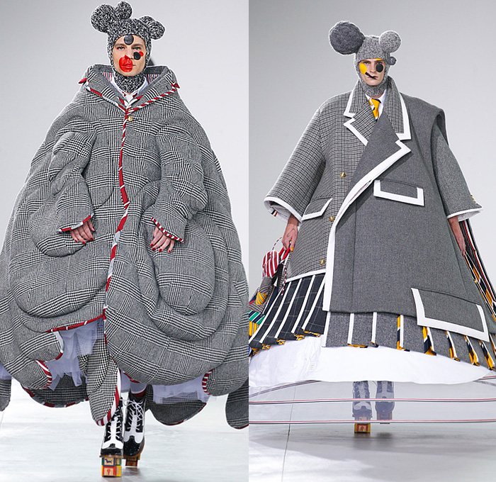 Thom Browne 2022-2023 Fall Autumn Winter Mens Runway Looks - Island of Misfit Toys - Sculpture Deconstructed Grey Wool Suit Blazer Oversized Coat Parka Quilted Puffer Check Windowpane Houndstooth Accordion Pleats Stripes Puff Ball Hair Neck Tie Knit Crochet Tweed Lobster Patchwork Bow Ribbon Elongated Rags Lumps Fringes Wrap Draped Bear Cape Cloak Shorts Manskirt Crinoline Cage Doctor's Bag Dachshund Hector Dog Toy Blocks Lace Up Thigh High Boots Knit Cap Balaclava Tall Hat