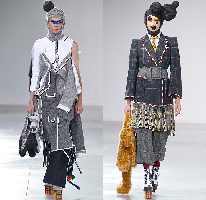 Thom Browne 2022-2023 Fall Autumn Winter Womens Runway Looks - Island of Misfit Toys - Sculpture Deconstructed Grey Wool Suit Blazer Oversized Coat Quilted Puffer Check Windowpane Pleats Stripes Slinky Oxford Shirt Tweed Tennis Ball Cricket Cable Sweater Lobster Embroidery Patchwork Houndstooth Knit Braid Balaclava Neck Tie Puff Ball Wide Belt Culottes Pillows Candy Cane Stripes Bloated Sleeves Dress Gown Nutcracker Tulle Mesh Cones Dachshund Hector Dog Bag Toy Blocks Boots