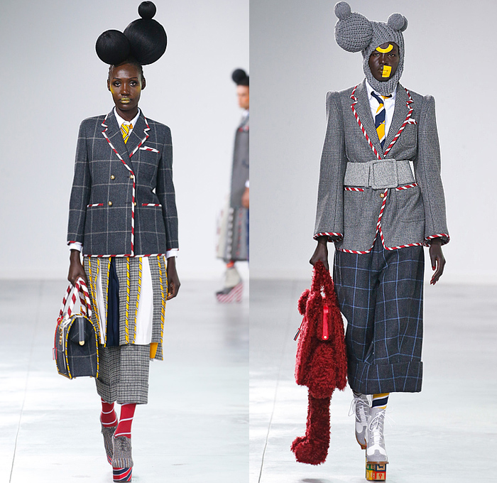 Thom Browne 2022-2023 Fall Autumn Winter Womens Runway Looks - Island of Misfit Toys - Sculpture Deconstructed Grey Wool Suit Blazer Oversized Coat Quilted Puffer Check Windowpane Pleats Stripes Slinky Oxford Shirt Tweed Tennis Ball Cricket Cable Sweater Lobster Embroidery Patchwork Houndstooth Knit Braid Balaclava Neck Tie Puff Ball Wide Belt Culottes Pillows Candy Cane Stripes Bloated Sleeves Dress Gown Nutcracker Tulle Mesh Cones Dachshund Hector Dog Bag Toy Blocks Boots