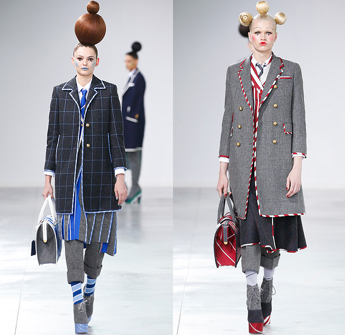 Thom Browne 2022-2023 Fall Autumn Winter Womens Runway Looks - Island of Misfit Toys - Sculpture Deconstructed Grey Wool Suit Blazer Oversized Coat Quilted Puffer Check Windowpane Pleats Stripes Slinky Oxford Shirt Tweed Tennis Ball Cricket Cable Sweater Lobster Embroidery Patchwork Houndstooth Knit Braid Balaclava Neck Tie Puff Ball Wide Belt Culottes Pillows Candy Cane Stripes Bloated Sleeves Dress Gown Nutcracker Tulle Mesh Cones Dachshund Hector Dog Bag Toy Blocks Boots