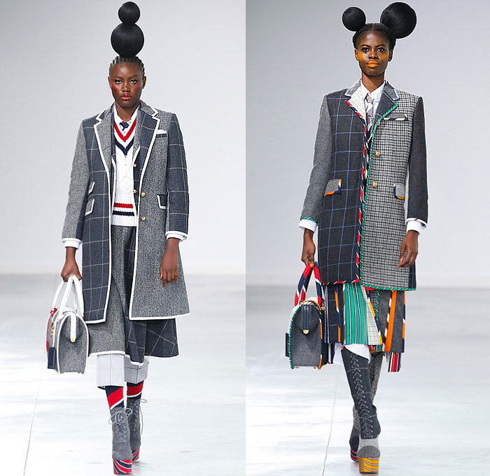 Thom Browne 2022-2023 Fall Autumn Winter Womens Runway Looks - Island of Misfit Toys - Sculpture Deconstructed Grey Wool Suit Blazer Oversized Coat Quilted Puffer Check Windowpane Pleats Stripes Slinky Oxford Shirt Tweed Tennis Ball Cricket Cable Sweater Lobster Embroidery Patchwork Houndstooth Knit Braid Balaclava Neck Tie Puff Ball Wide Belt Culottes Pillows Candy Cane Stripes Bloated Sleeves Dress Gown Nutcracker Tulle Mesh Cones Dachshund Hector Dog Bag Toy Blocks Boots