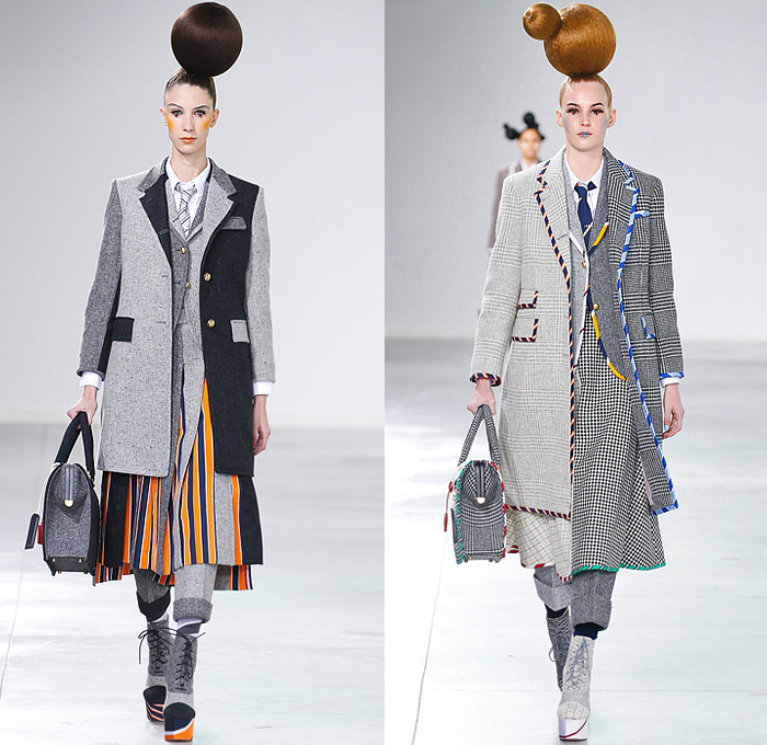 Thom Browne 2022-2023 Fall Autumn Winter Womens Runway Looks - Island of Misfit Toys - Sculpture Deconstructed Grey Wool Suit Blazer Oversized Coat Quilted Puffer Check Windowpane Pleats Stripes Slinky Oxford Shirt Tweed Tennis Ball Cricket Cable Sweater Lobster Embroidery Patchwork Houndstooth Knit Braid Balaclava Neck Tie Puff Ball Wide Belt Culottes Pillows Candy Cane Stripes Bloated Sleeves Dress Gown Nutcracker Tulle Mesh Cones Dachshund Hector Dog Bag Toy Blocks Boots