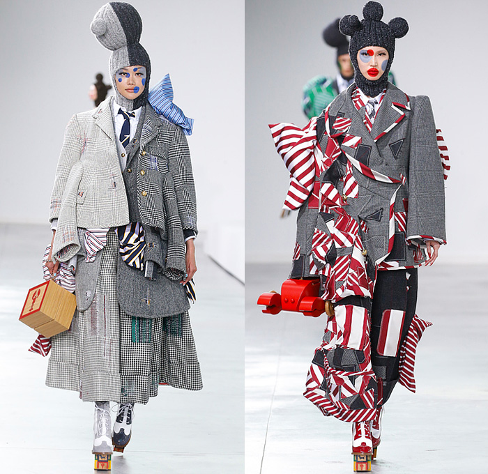 Thom Browne 2022-2023 Fall Autumn Winter Womens Runway Looks - Island of Misfit Toys - Sculpture Deconstructed Grey Wool Suit Blazer Oversized Coat Quilted Puffer Check Windowpane Pleats Stripes Slinky Oxford Shirt Tweed Tennis Ball Cricket Cable Sweater Lobster Embroidery Patchwork Houndstooth Knit Braid Balaclava Neck Tie Puff Ball Wide Belt Culottes Pillows Candy Cane Stripes Bloated Sleeves Dress Gown Nutcracker Tulle Mesh Cones Dachshund Hector Dog Bag Toy Blocks Boots