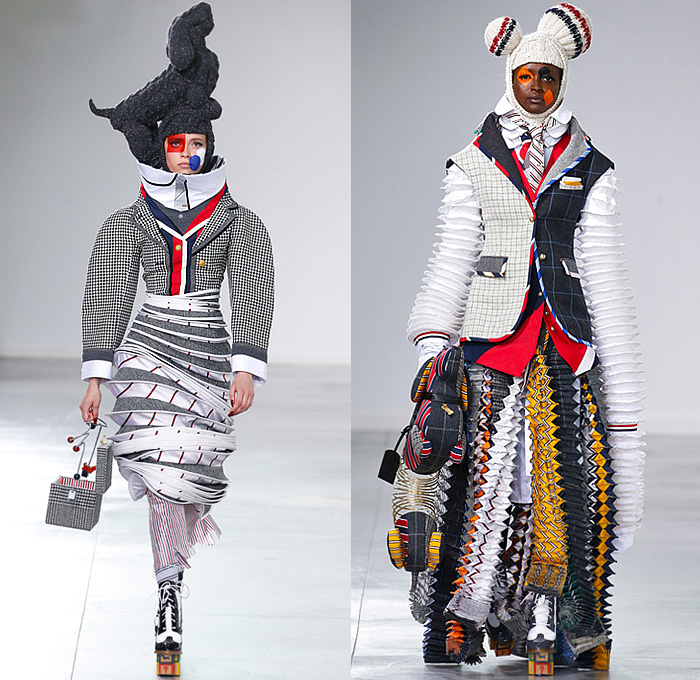 Thom Browne 2022-2023 Fall Autumn Winter Womens Runway Looks - Island of Misfit Toys - Sculpture Deconstructed Grey Wool Suit Blazer Oversized Coat Quilted Puffer Check Windowpane Pleats Stripes Slinky Oxford Shirt Tweed Tennis Ball Cricket Cable Sweater Lobster Embroidery Patchwork Houndstooth Knit Braid Balaclava Neck Tie Puff Ball Wide Belt Culottes Pillows Candy Cane Stripes Bloated Sleeves Dress Gown Nutcracker Tulle Mesh Cones Dachshund Hector Dog Bag Toy Blocks Boots