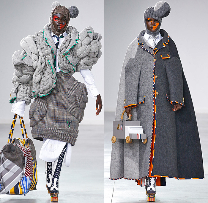 Thom Browne 2022-2023 Fall Autumn Winter Womens Runway Looks - Island of Misfit Toys - Sculpture Deconstructed Grey Wool Suit Blazer Oversized Coat Quilted Puffer Check Windowpane Pleats Stripes Slinky Oxford Shirt Tweed Tennis Ball Cricket Cable Sweater Lobster Embroidery Patchwork Houndstooth Knit Braid Balaclava Neck Tie Puff Ball Wide Belt Culottes Pillows Candy Cane Stripes Bloated Sleeves Dress Gown Nutcracker Tulle Mesh Cones Dachshund Hector Dog Bag Toy Blocks Boots