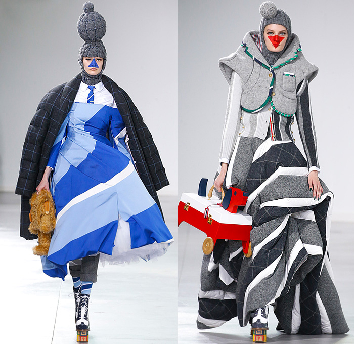 Thom Browne 2022-2023 Fall Autumn Winter Womens Runway Looks - Island of Misfit Toys - Sculpture Deconstructed Grey Wool Suit Blazer Oversized Coat Quilted Puffer Check Windowpane Pleats Stripes Slinky Oxford Shirt Tweed Tennis Ball Cricket Cable Sweater Lobster Embroidery Patchwork Houndstooth Knit Braid Balaclava Neck Tie Puff Ball Wide Belt Culottes Pillows Candy Cane Stripes Bloated Sleeves Dress Gown Nutcracker Tulle Mesh Cones Dachshund Hector Dog Bag Toy Blocks Boots