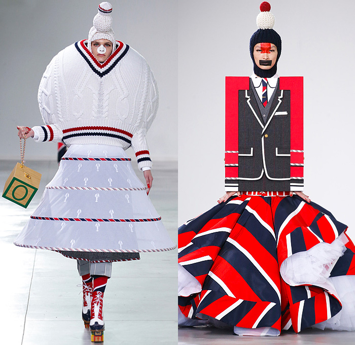 Thom Browne 2022-2023 Fall Autumn Winter Womens Runway Looks - Island of Misfit Toys - Sculpture Deconstructed Grey Wool Suit Blazer Oversized Coat Quilted Puffer Check Windowpane Pleats Stripes Slinky Oxford Shirt Tweed Tennis Ball Cricket Cable Sweater Lobster Embroidery Patchwork Houndstooth Knit Braid Balaclava Neck Tie Puff Ball Wide Belt Culottes Pillows Candy Cane Stripes Bloated Sleeves Dress Gown Nutcracker Tulle Mesh Cones Dachshund Hector Dog Bag Toy Blocks Boots