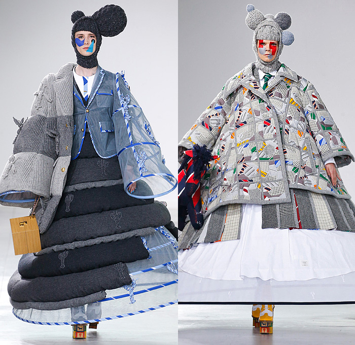 Thom Browne 2022-2023 Fall Autumn Winter Womens Runway Looks - Island of Misfit Toys - Sculpture Deconstructed Grey Wool Suit Blazer Oversized Coat Quilted Puffer Check Windowpane Pleats Stripes Slinky Oxford Shirt Tweed Tennis Ball Cricket Cable Sweater Lobster Embroidery Patchwork Houndstooth Knit Braid Balaclava Neck Tie Puff Ball Wide Belt Culottes Pillows Candy Cane Stripes Bloated Sleeves Dress Gown Nutcracker Tulle Mesh Cones Dachshund Hector Dog Bag Toy Blocks Boots