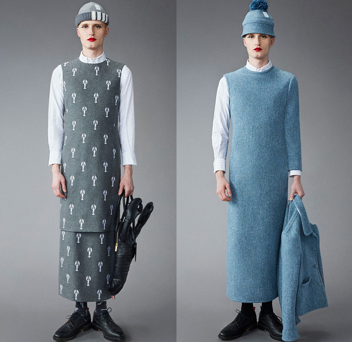 Thom Browne 2022 Pre-Fall Autumn Mens Lookbook Presentation - Lashes Pompoms Knit Cap Mandress Manskirt Kilt Accordion Pleats Coat Parka Blazer Necktie Vest Sleeveless Tabard Long Sleeve Shirt Wool Turtleneck Sweater Stripes Wallpaper Flowers Floral Garden Plants Embroidery Jacquard Brocade Plaid Check Patchwork Quilted Puffer Suit Bomber Varsity Jacket Corduroy Mittens Claws Shorts Lobster Bag Brogues Boots Backpack Loafers Wedge Platforms Bucket Hat