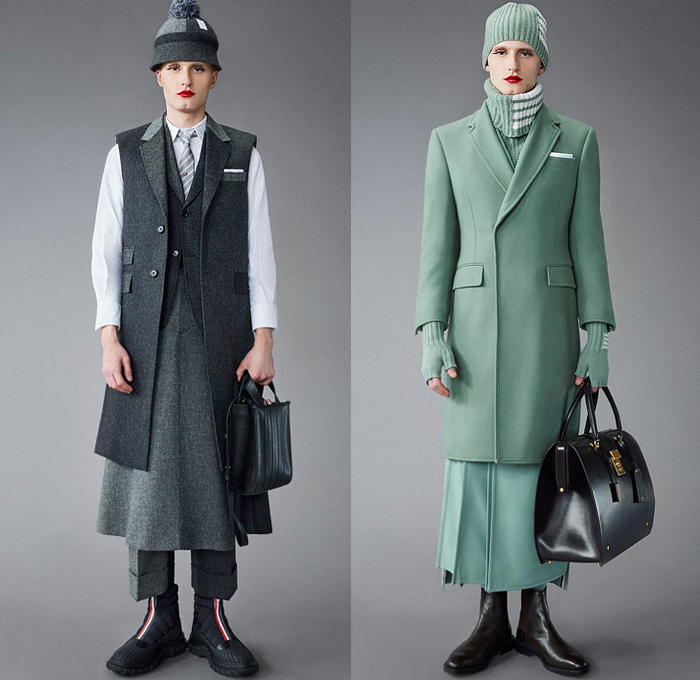 Thom Browne 2022 Pre-Fall Autumn Mens Lookbook Presentation - Lashes Pompoms Knit Cap Mandress Manskirt Kilt Accordion Pleats Coat Parka Blazer Necktie Vest Sleeveless Tabard Long Sleeve Shirt Wool Turtleneck Sweater Stripes Wallpaper Flowers Floral Garden Plants Embroidery Jacquard Brocade Plaid Check Patchwork Quilted Puffer Suit Bomber Varsity Jacket Corduroy Mittens Claws Shorts Lobster Bag Brogues Boots Backpack Loafers Wedge Platforms Bucket Hat