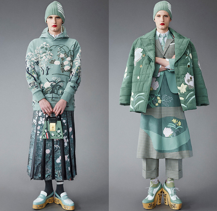 Thom Browne 2022 Pre-Fall Autumn Mens Lookbook Presentation - Lashes Pompoms Knit Cap Mandress Manskirt Kilt Accordion Pleats Coat Parka Blazer Necktie Vest Sleeveless Tabard Long Sleeve Shirt Wool Turtleneck Sweater Stripes Wallpaper Flowers Floral Garden Plants Embroidery Jacquard Brocade Plaid Check Patchwork Quilted Puffer Suit Bomber Varsity Jacket Corduroy Mittens Claws Shorts Lobster Bag Brogues Boots Backpack Loafers Wedge Platforms Bucket Hat