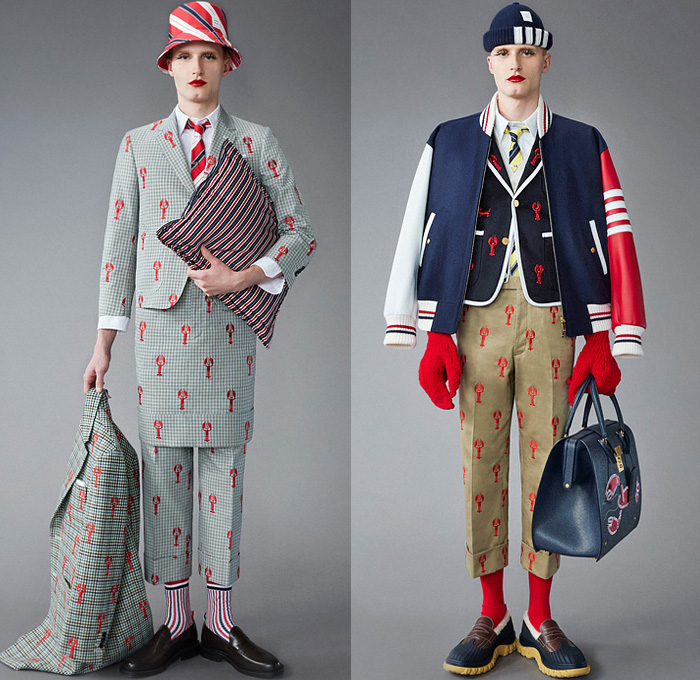 Thom Browne 2022 Pre-Fall Autumn Mens Lookbook Presentation - Lashes Pompoms Knit Cap Mandress Manskirt Kilt Accordion Pleats Coat Parka Blazer Necktie Vest Sleeveless Tabard Long Sleeve Shirt Wool Turtleneck Sweater Stripes Wallpaper Flowers Floral Garden Plants Embroidery Jacquard Brocade Plaid Check Patchwork Quilted Puffer Suit Bomber Varsity Jacket Corduroy Mittens Claws Shorts Lobster Bag Brogues Boots Backpack Loafers Wedge Platforms Bucket Hat