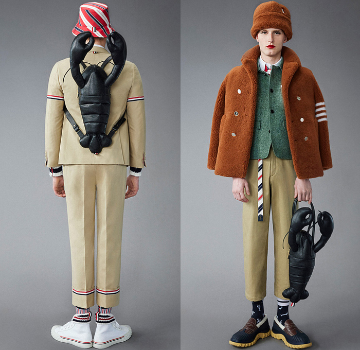 Thom Browne 2022 Pre-Fall Autumn Mens Lookbook Presentation - Lashes Pompoms Knit Cap Mandress Manskirt Kilt Accordion Pleats Coat Parka Blazer Necktie Vest Sleeveless Tabard Long Sleeve Shirt Wool Turtleneck Sweater Stripes Wallpaper Flowers Floral Garden Plants Embroidery Jacquard Brocade Plaid Check Patchwork Quilted Puffer Suit Bomber Varsity Jacket Corduroy Mittens Claws Shorts Lobster Bag Brogues Boots Backpack Loafers Wedge Platforms Bucket Hat